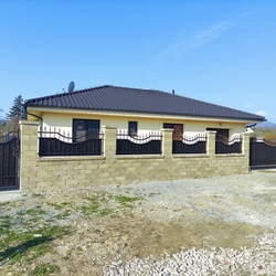 Volles schmiedeeisernes Tor, Pforte und Zaun vor einem Einfamilienhaus in der Ostslowakei Volles schmiedeeisernes Tor, Pforte und Zaun vor einem Einfamilienhaus in der Ostslowakei